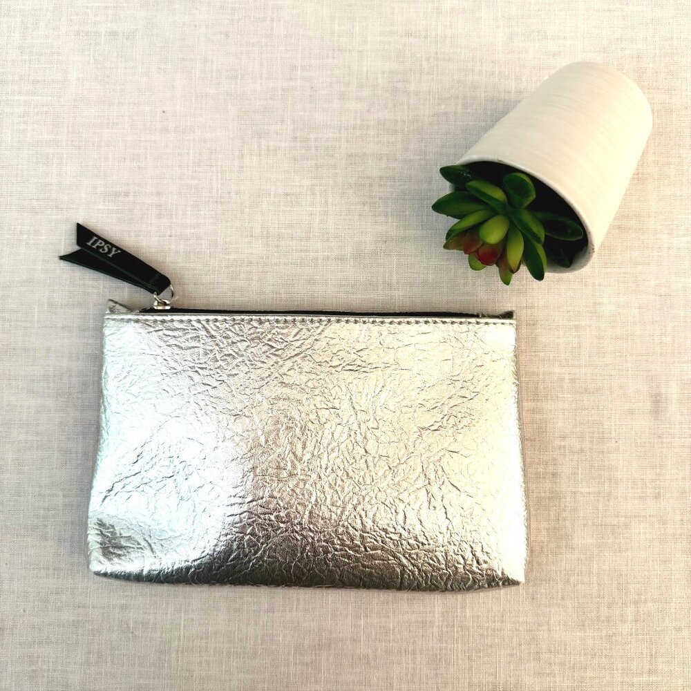 Ipsy Metallic Silver Zippered Bag With Green Silky Interior Makeup Pouch Clutch